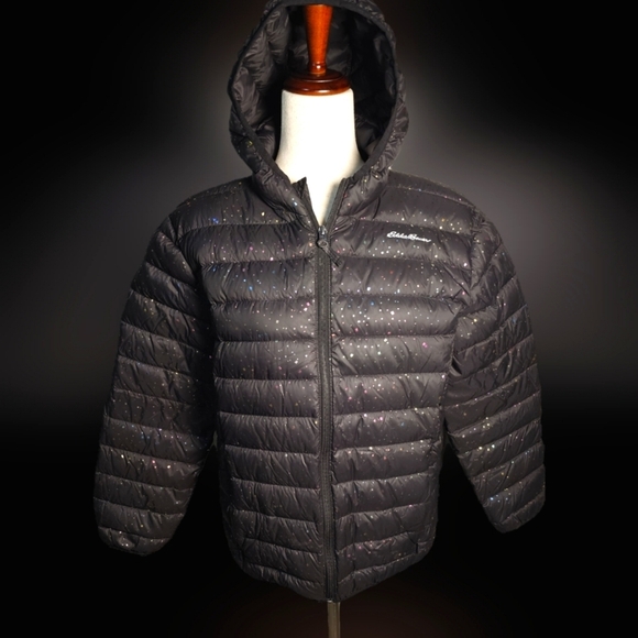 Girls Eddie Bauer Sparkle Black Puffer Jacket with Hood Size XL 16 - Picture 1 of 12
